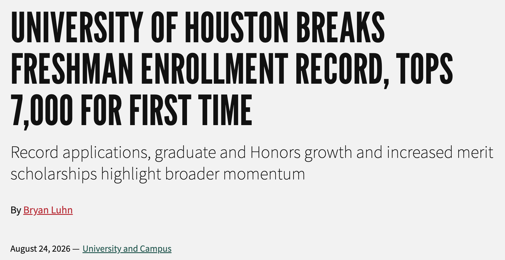 UH breaks Freshman Enrollment Record