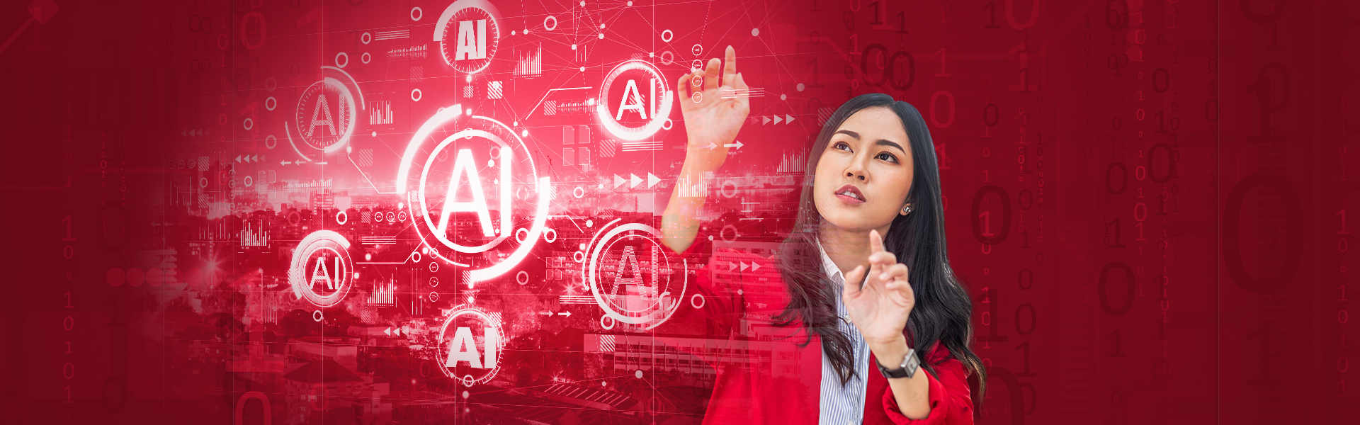 Pensive student points to digital screen displaying AI icons and computer networking symbols