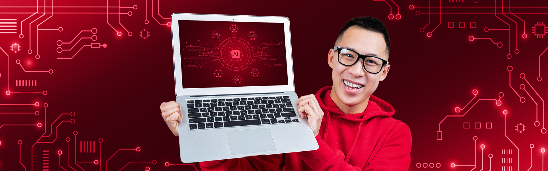 Students holding a laptop with an AI icon on the screen