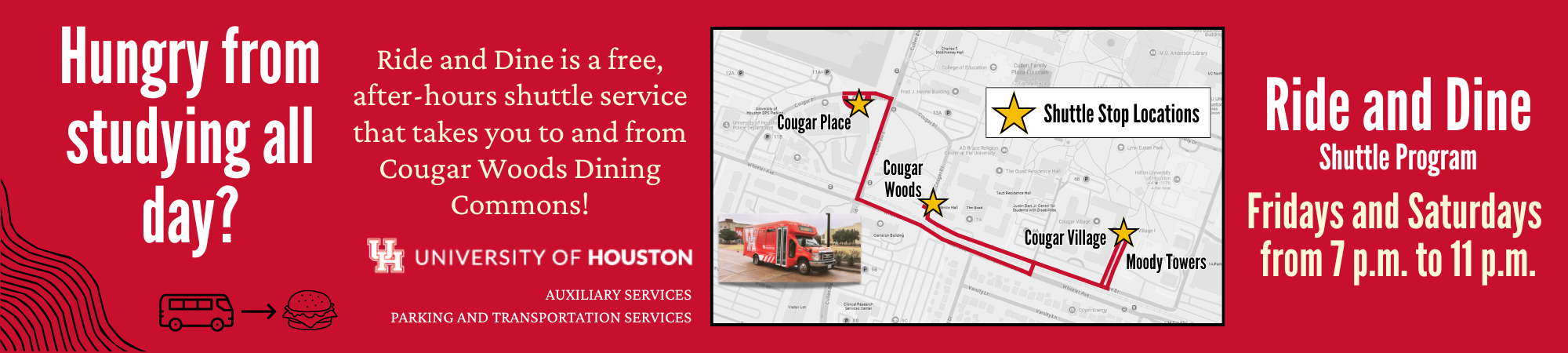 Image with map showing route of Ride and Dine shuttle on UH campus