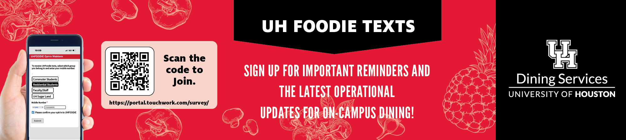 Banner promoting UH Foodie text messaging for UH Dining. QR code allows scanning to join.