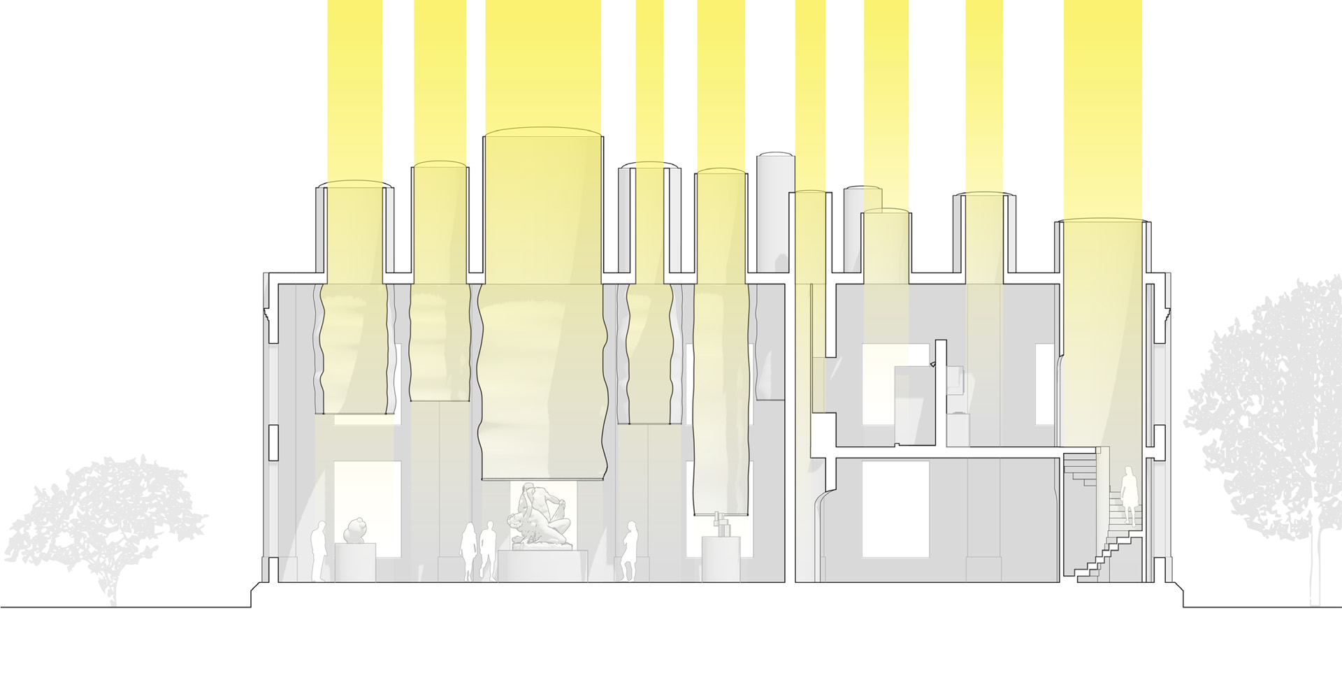 A section showing how the light wells work in the gallery