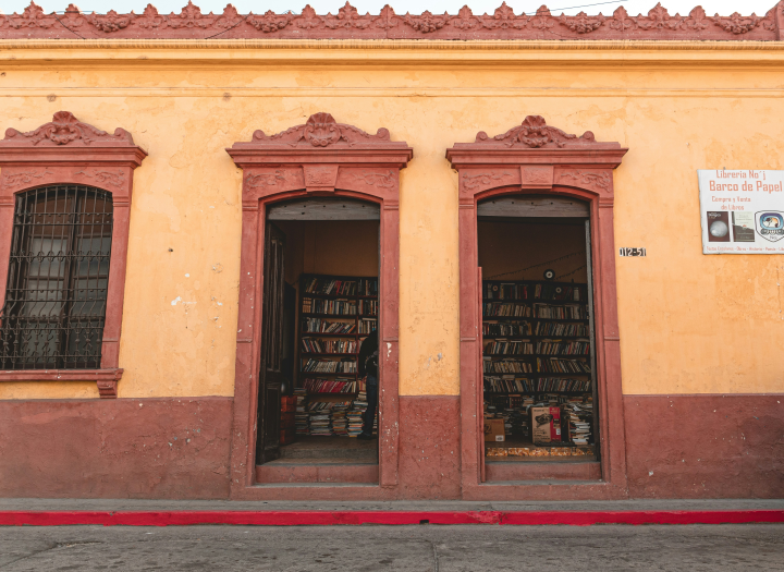a bookshop with two open doors
