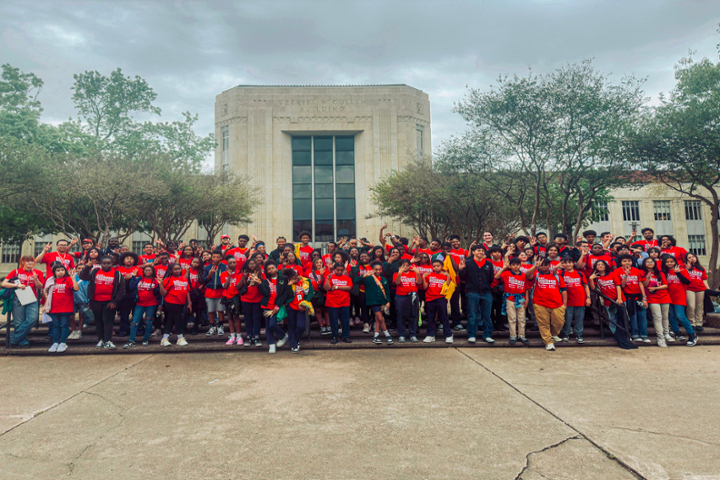 Group of students in front of large building