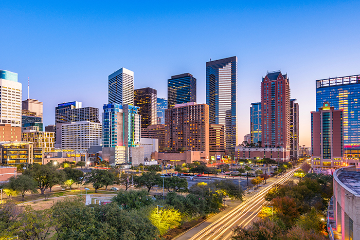 Downtown Houston on a sunny day with a blue sky
