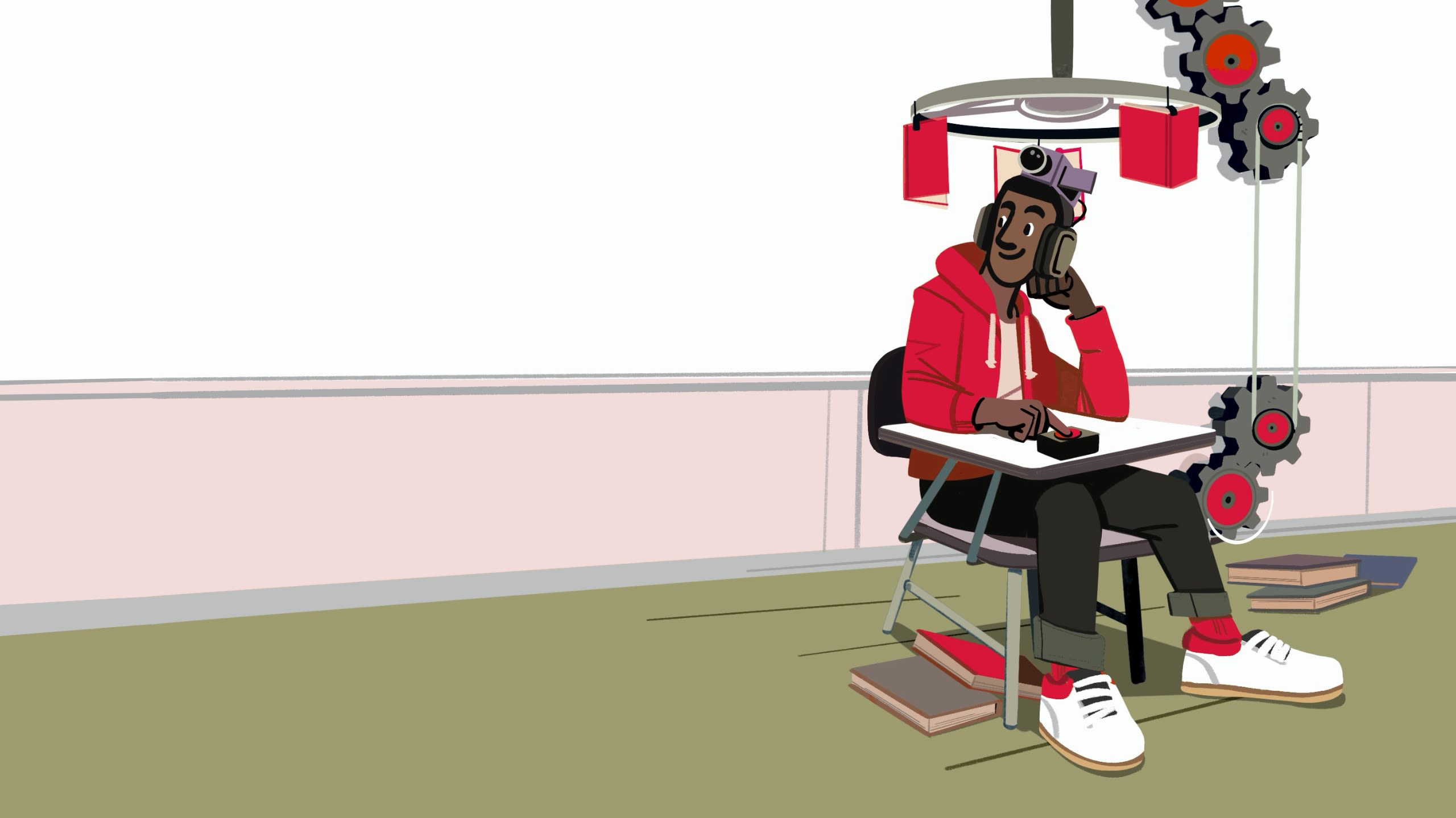 Illustration of a person seated at a classroom desk wearing headphones and writing in a notebook, with stacked books nearby and mechanical gears and suspended panels overhead, visually blending education and technology.