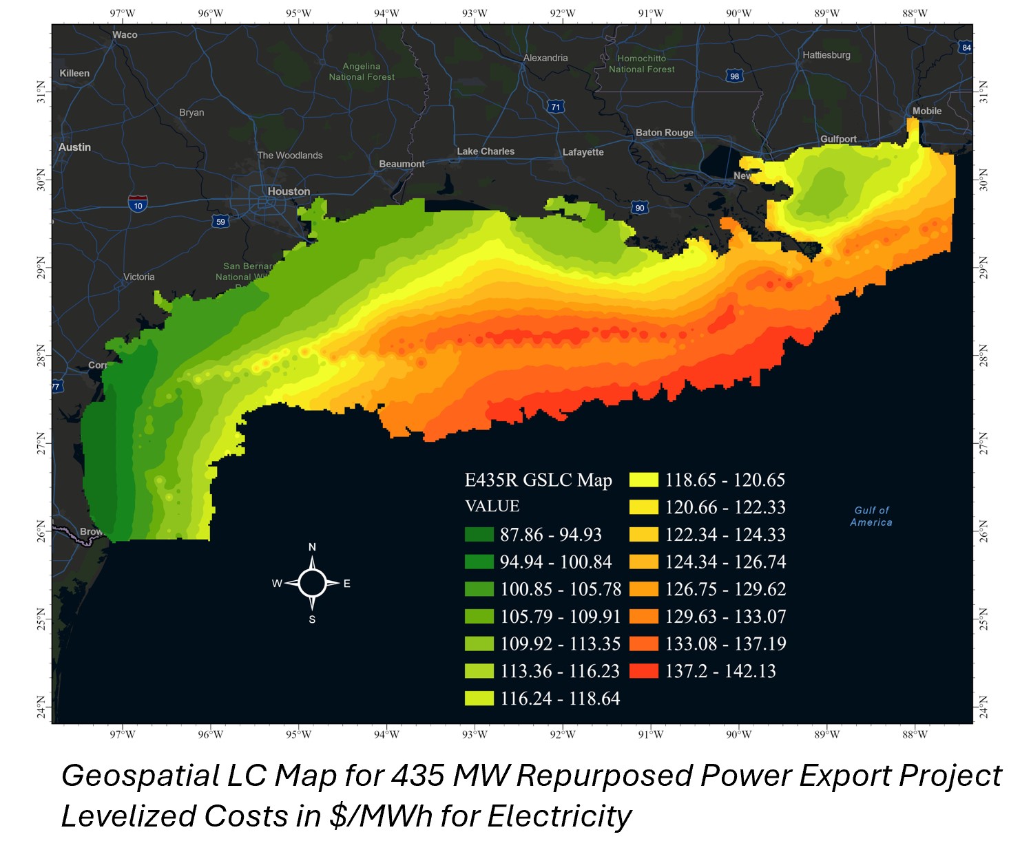 “Geospatial Levelized Cost (LC) Heat Map illustrating the estimated cost of electricity generation ($/MWh) for a 435 MW repurposed offshore power export project in the Gulf of Mexico. Color gradients indicate areas of relative cost efficiency and higher cost zones across the region.”