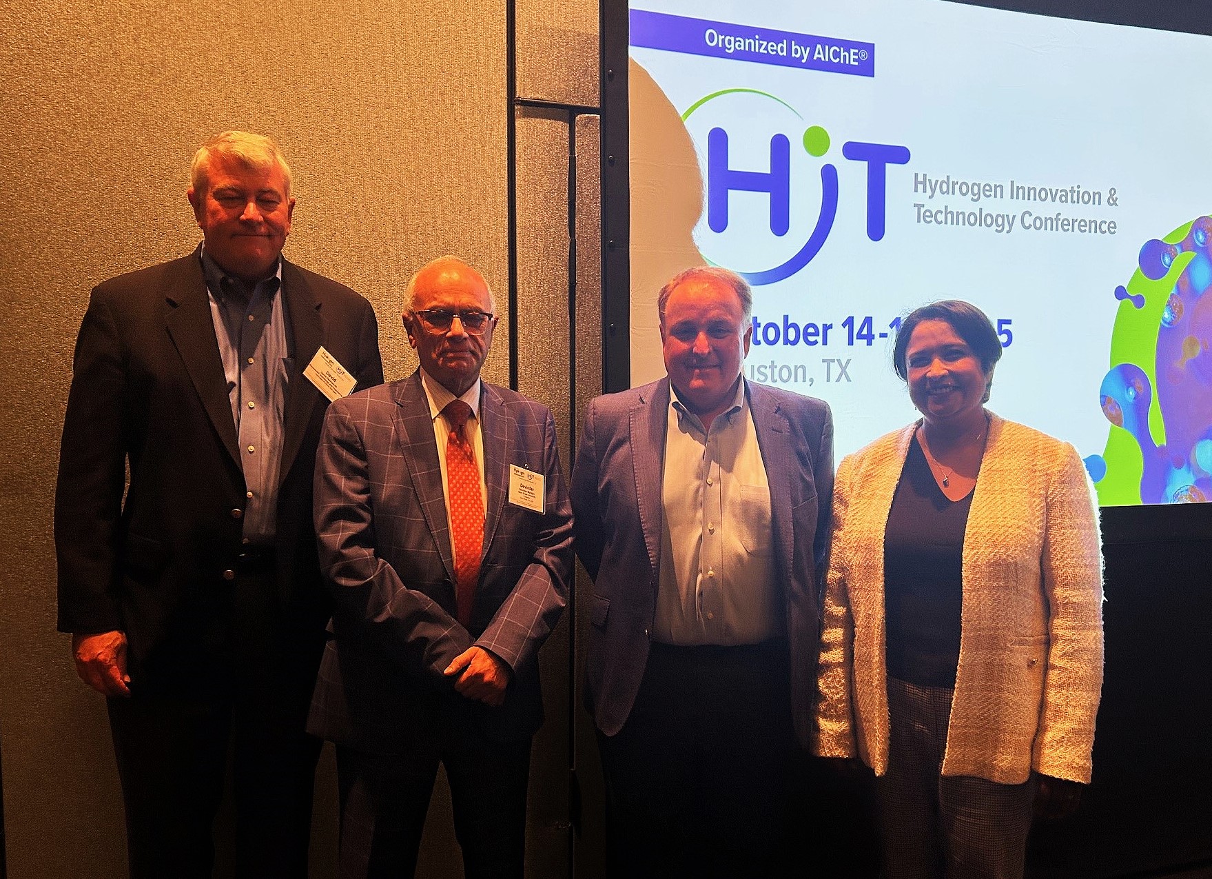 (From left to right) David Dankworth from ExxonMobil, Devinder Mahajan from I-GIT, Stony Brook University, Brett Perlman from Gulf Energy Catalyst, and Dr. Debalina Sengupta from ETI, UH Energy