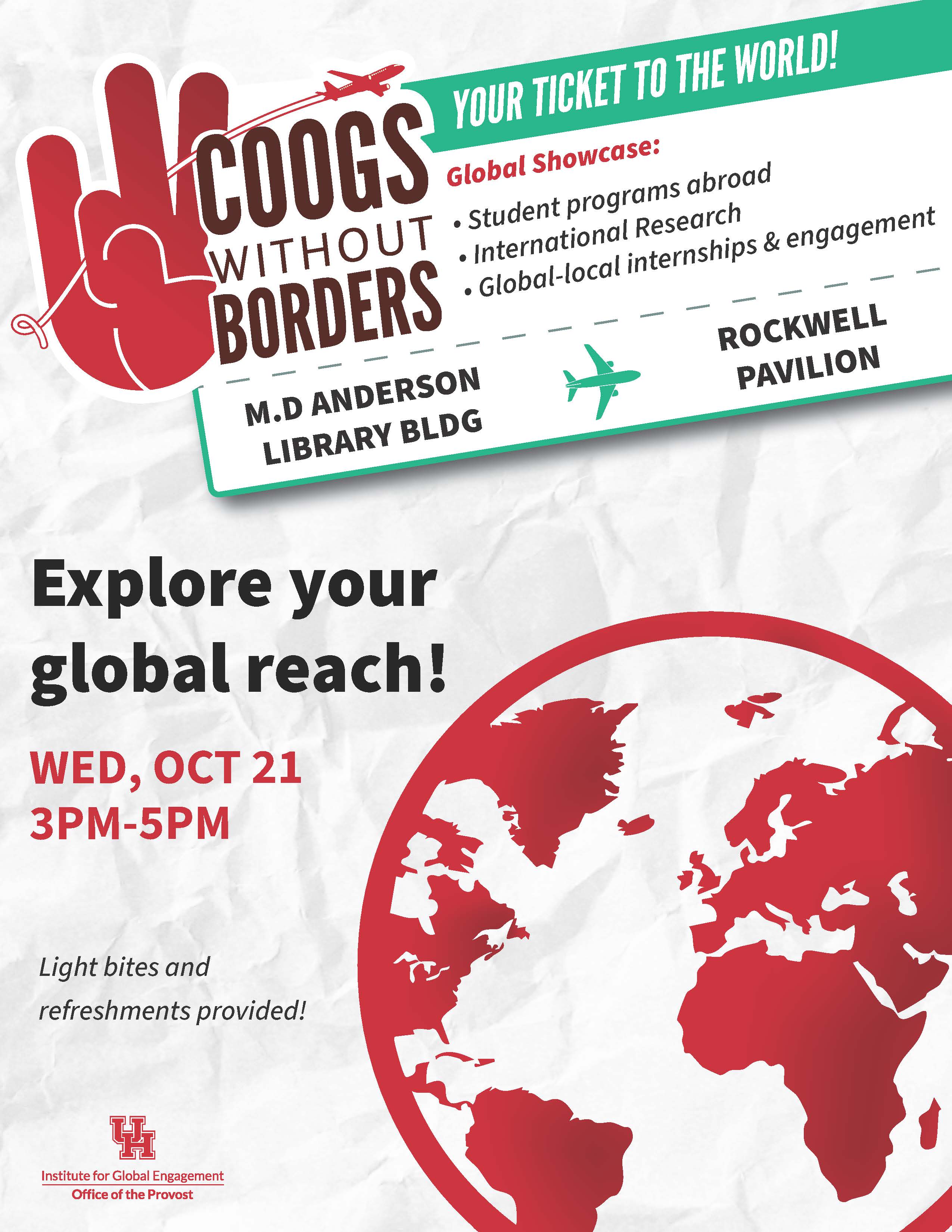 Coogs Without Borders flyer with event details, cougar paw image, and globe image