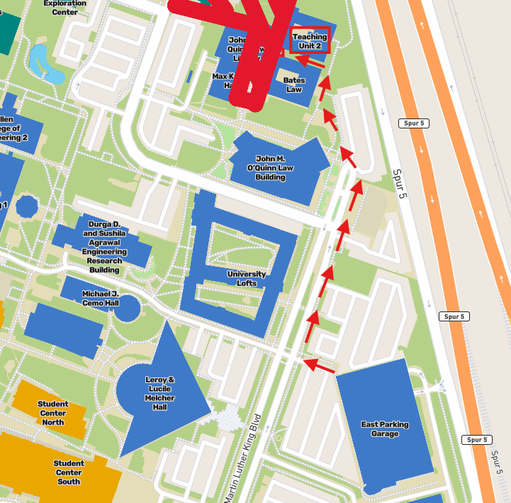A map showing walking directions from the East Garage to TU2.