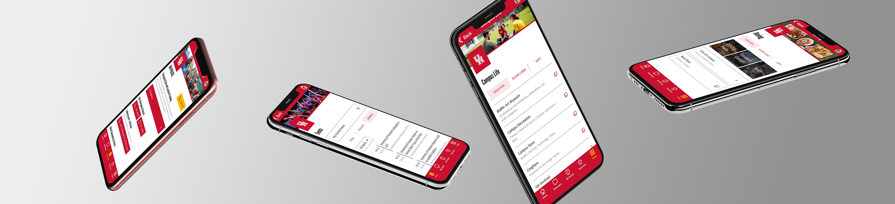 smart phones displaying various UH Go screens