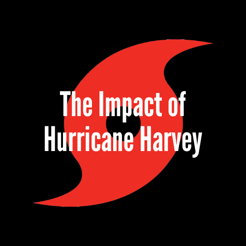 hurricane symbol in red with "Impact of Hurricane Harvey" in white over it