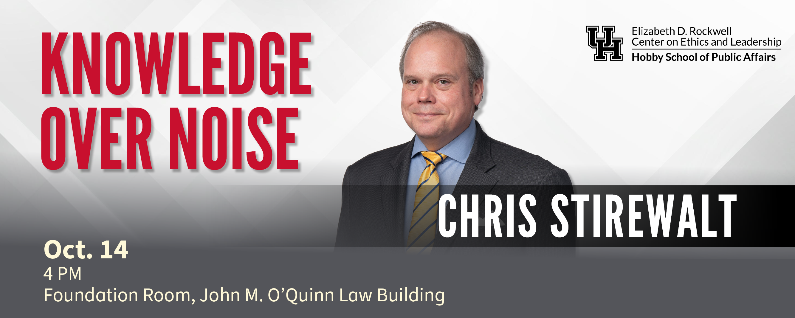 Older white man in a suite in a white background with the title of his talk " Knowledge over noise" in red