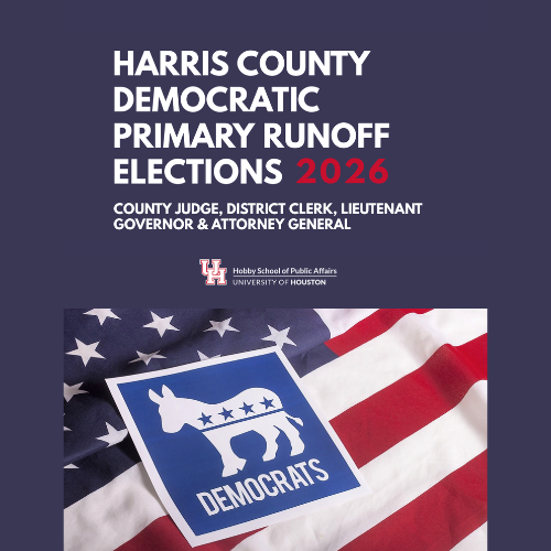 Harris County Democratic Primary Runoff blue report cover with a picture of a donkey sticker on top of an American flag
