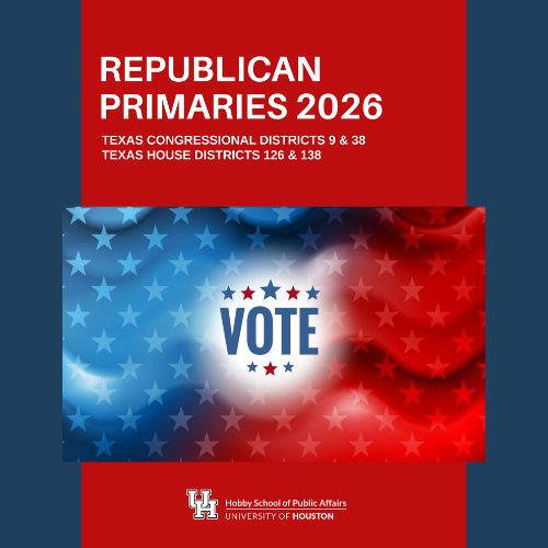 Red, white and blue report cover with "Vote" written in the center of the graphic. It is titled: Republican Primaries 2026