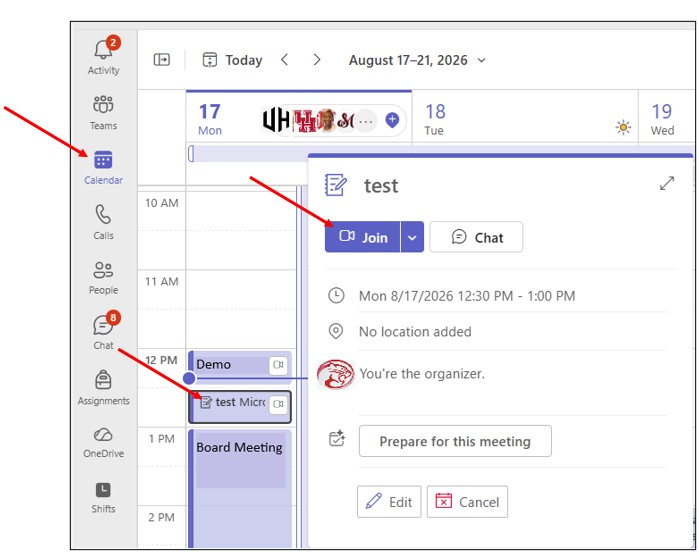 Join a Meeting from the Teams Calendar