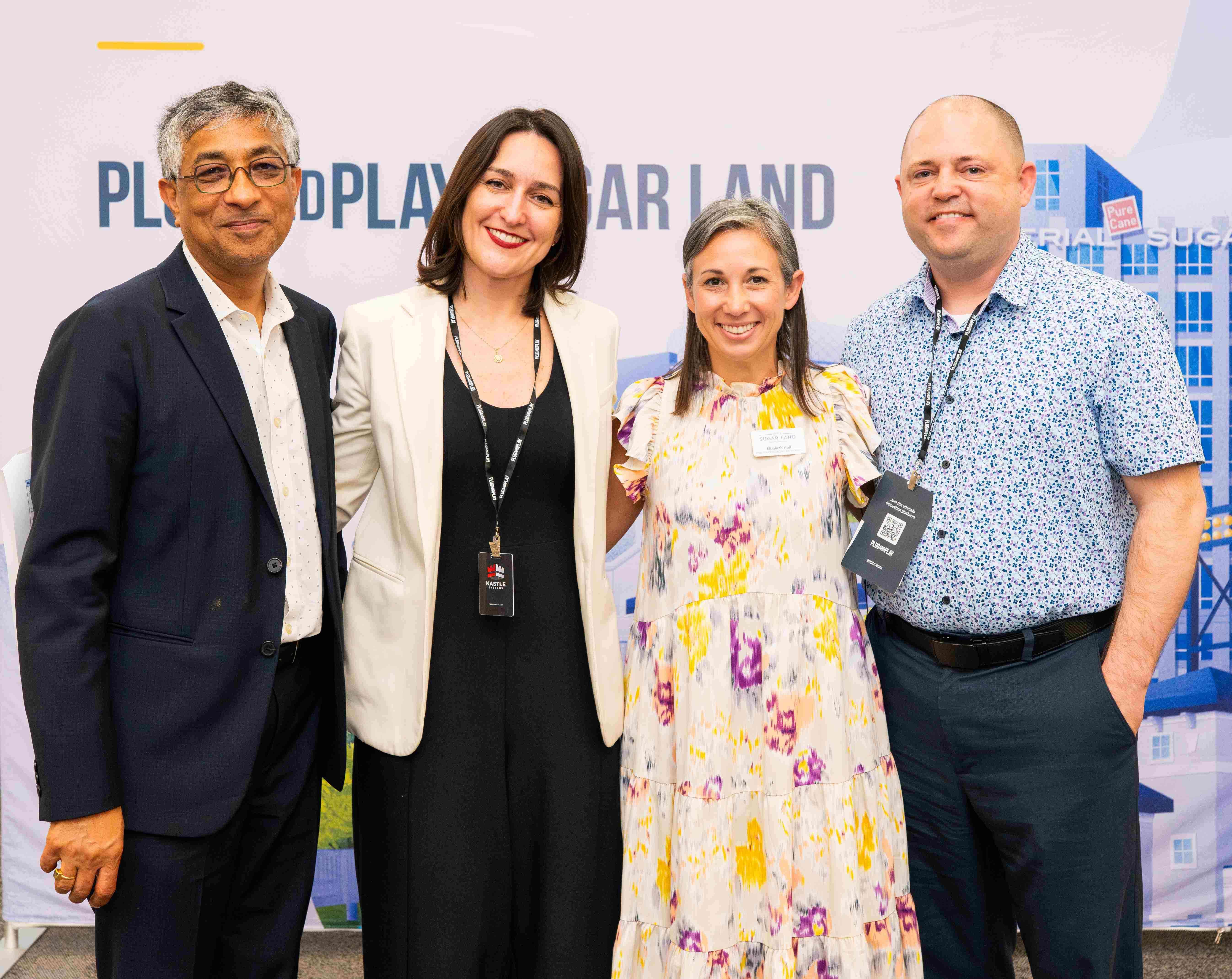 At April 29 Expo: Left to right: Dr. Ramanan Krishnamoorti, Vice President, Division of Energy and Innovation, UH; Carolina Rio, Director, Plug and Play Sugar Land; Elizabeth Huff, Executive Director, Economic Development and Tourism, City of Sugar Land; Derek Borum, Utility Data Strategy and Innovation, CenterPoint Energy