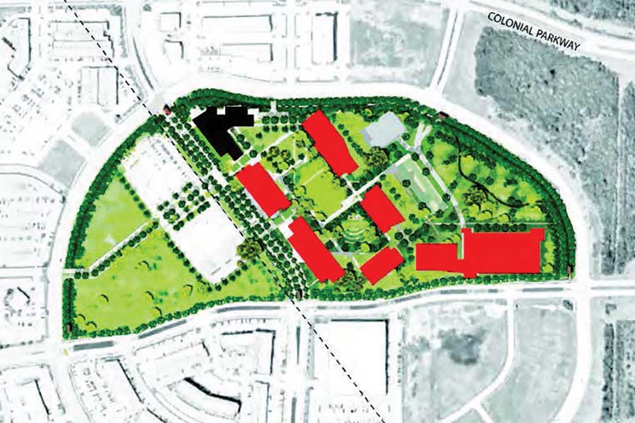 Aerial map of the campus with red blocks representing proposed future buildings.