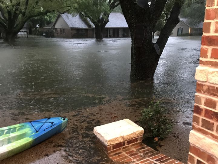 Floodwaters cover a residential street and yards, reaching tree trunks and houses, with a kayak resting near the porch.