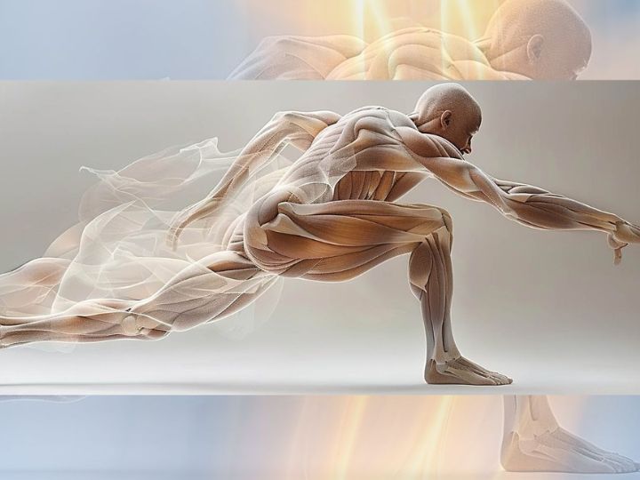 Digital illustration showing a human figure in a dynamic, athletic pose, with detailed musculature and overlays suggesting motion.