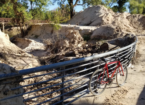 Mounds of sediment on top of and surrounding banks of Buffalo Bayou