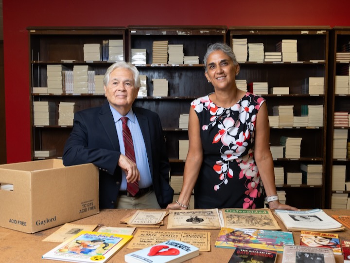 Arte Publico Press founder and director Dr. Nicolas Kanellos stands next to his successor, Dr. Gabriela Baeza Ventura