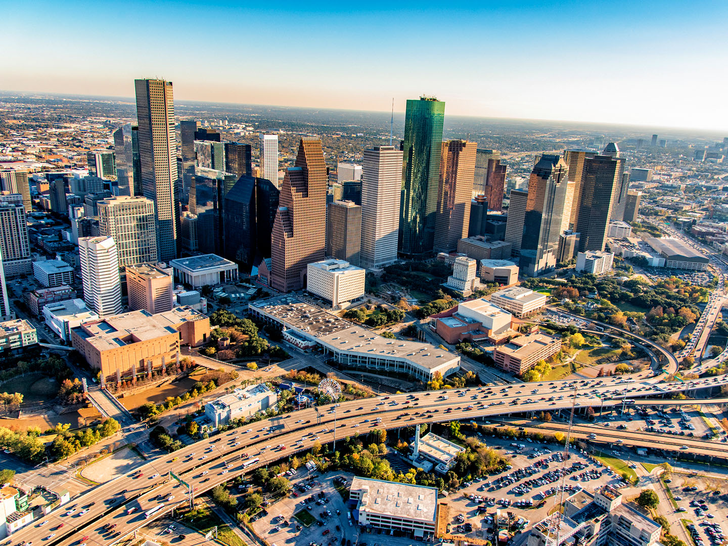 Aerial view of Houston skyline.