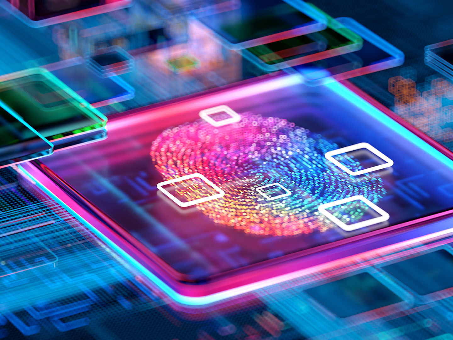 Multicolored fingerprint on a button depicting cybersecurity.