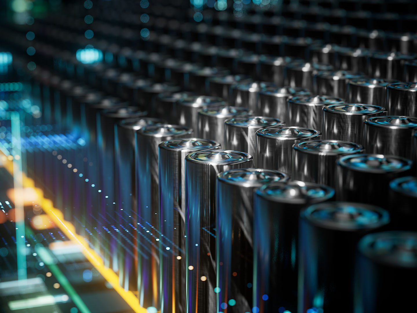 Rows of shiny cylindrical batteries with colorful light streaks.