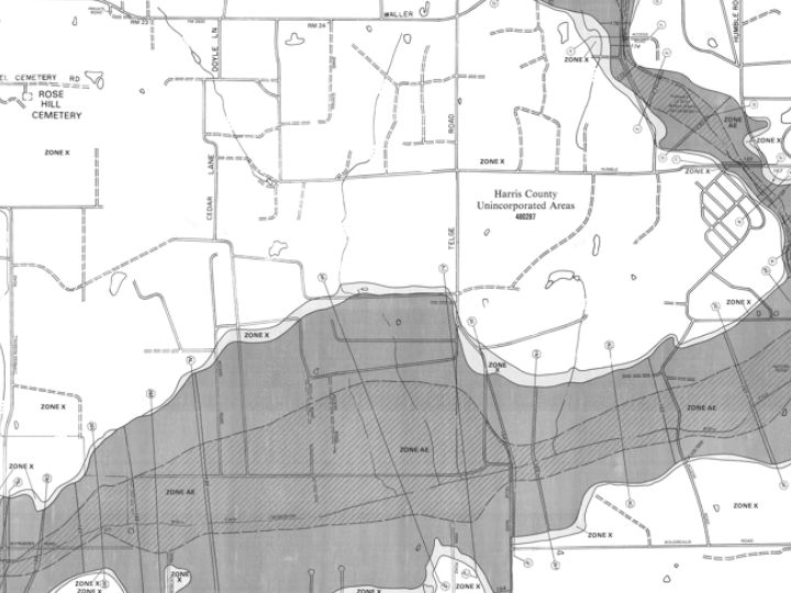 Flood map shows Harris County unincorporated areas with zones X and AE, highlighting shaded flood-prone regions.