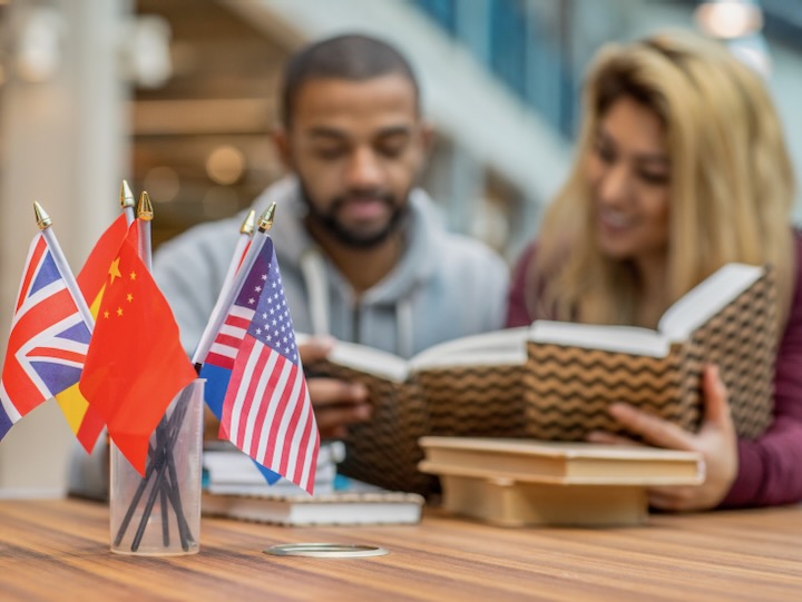 getty image of two stuents reading a textbook with international flags in a cup on the table