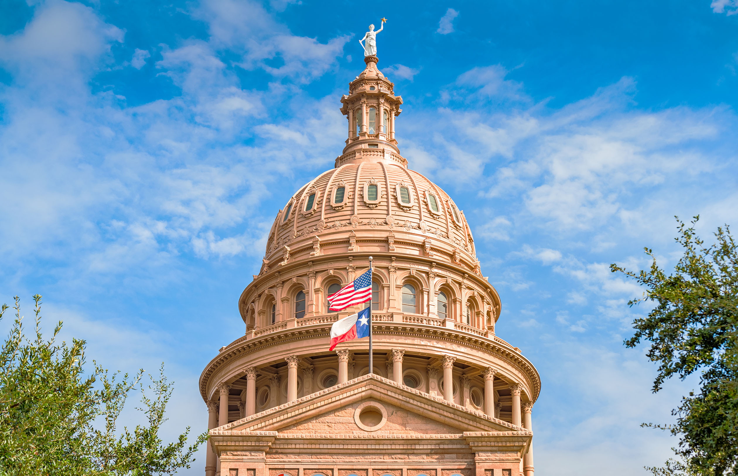Texas State Capitol building with a prominent dome under a blue sky. The United States flag and Texas state flag are visible in front.
