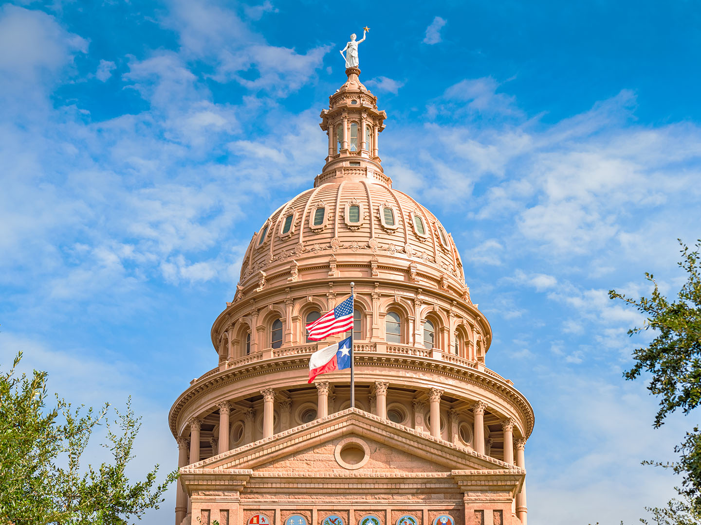 Texas State Capitol building with a prominent dome under a blue sky. The United States flag and Texas state flag are visible in front.
