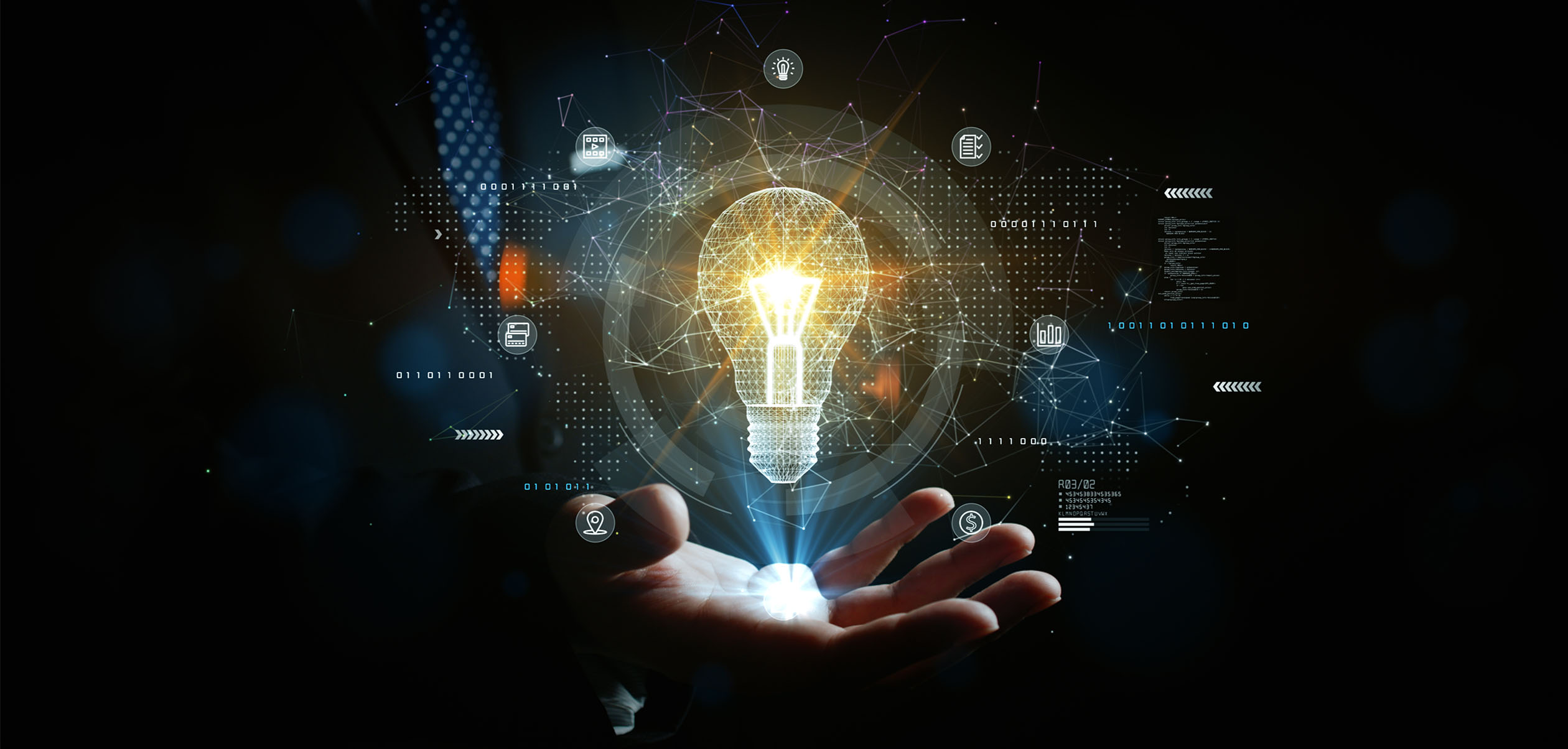 A hand is shown holding a glowing light bulb against a dark background, with digital symbols and connected lines surrounding it, resembling a network.