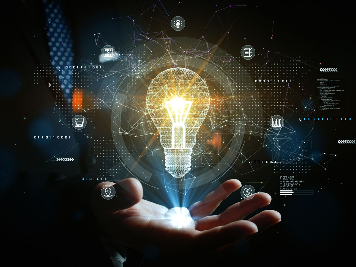 A hand is shown holding a glowing light bulb against a dark background, with digital symbols and connected lines surrounding it, resembling a network.