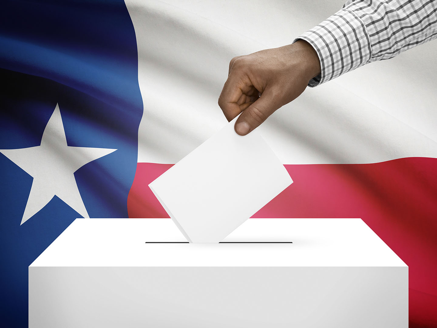 A hand is placing a ballot into a voting box. The background features a waving Texas flag.
