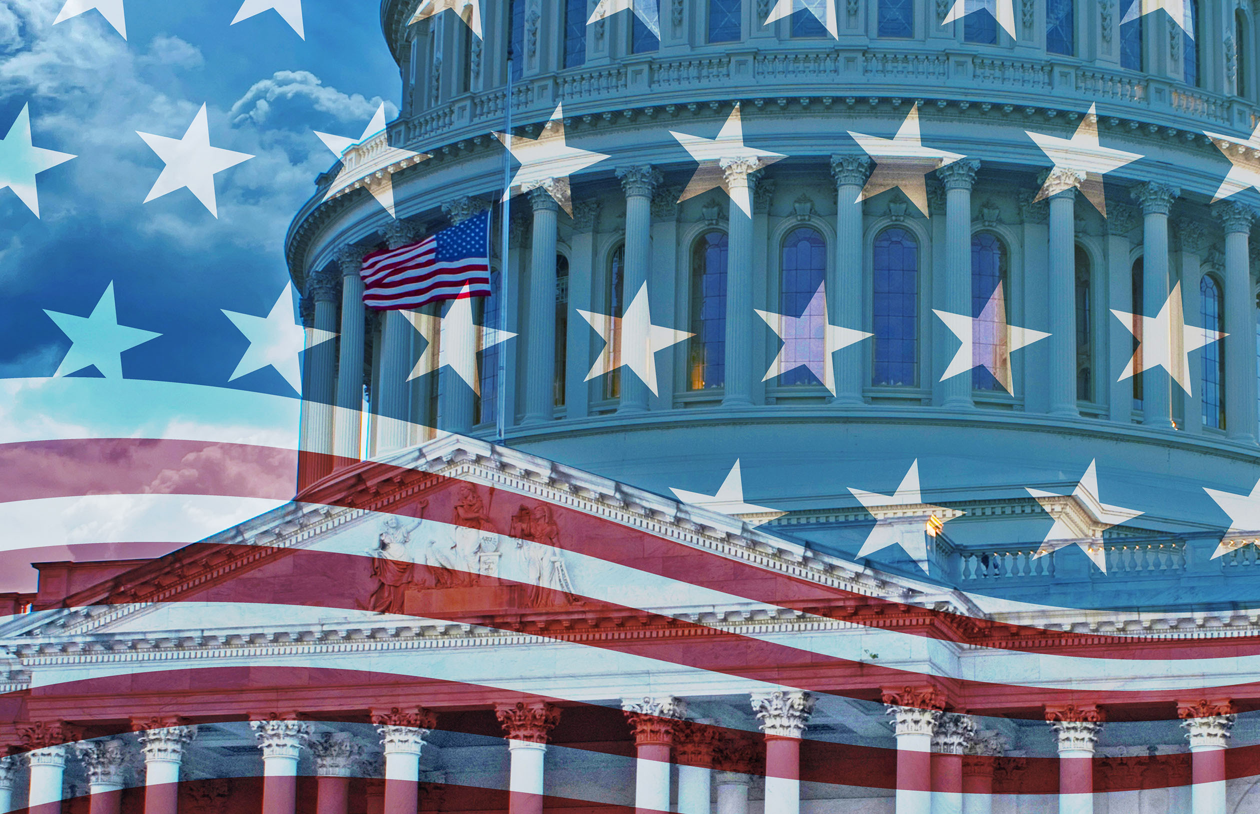 Overlay of the United States Capitol building with the American flag, featuring stars and stripes.