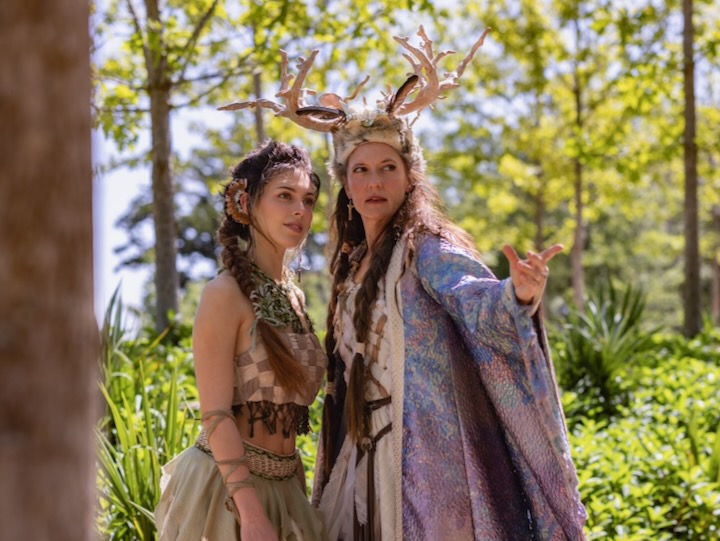 actors madison prentiss and laura frye pose in costume for shakespeare