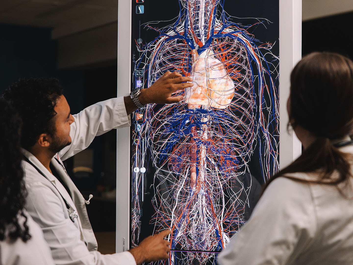 College of Medicine students looking at a skeleton in class.