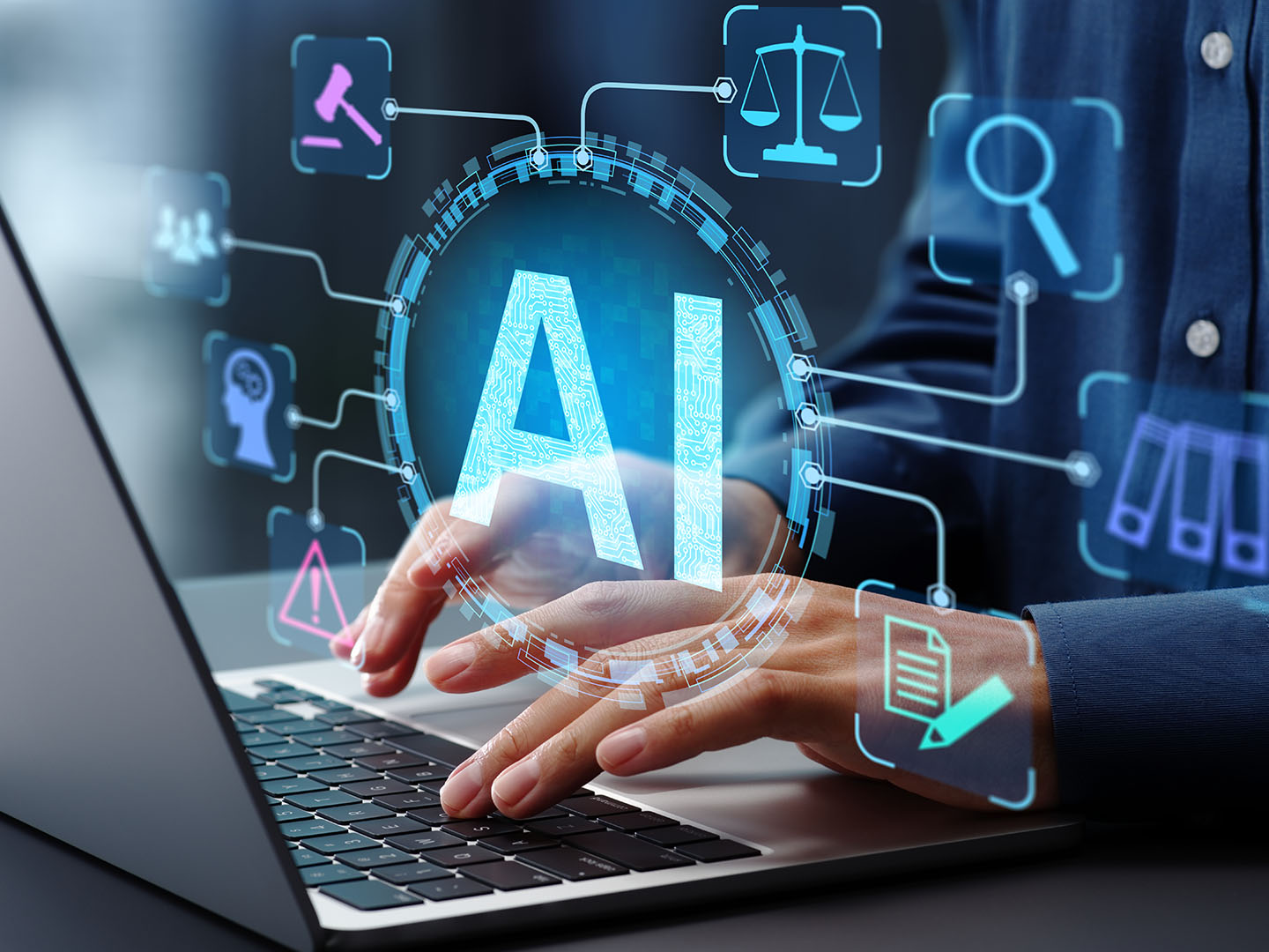 A person is typing on a laptop. The large letters "AI" are prominently displayed in the center. Surrounding icons include a gavel, scales, magnifying glass, gears and documents, symbolizing various applications of artificial intelligence.