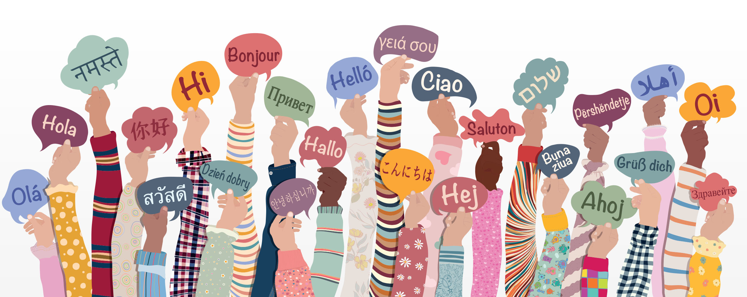 Hands of various skin tones and sleeves hold up speech bubbles with greetings in different languages, including "Hi," "Bonjour," "Hello," and "Hola," showing multicultural diversity.