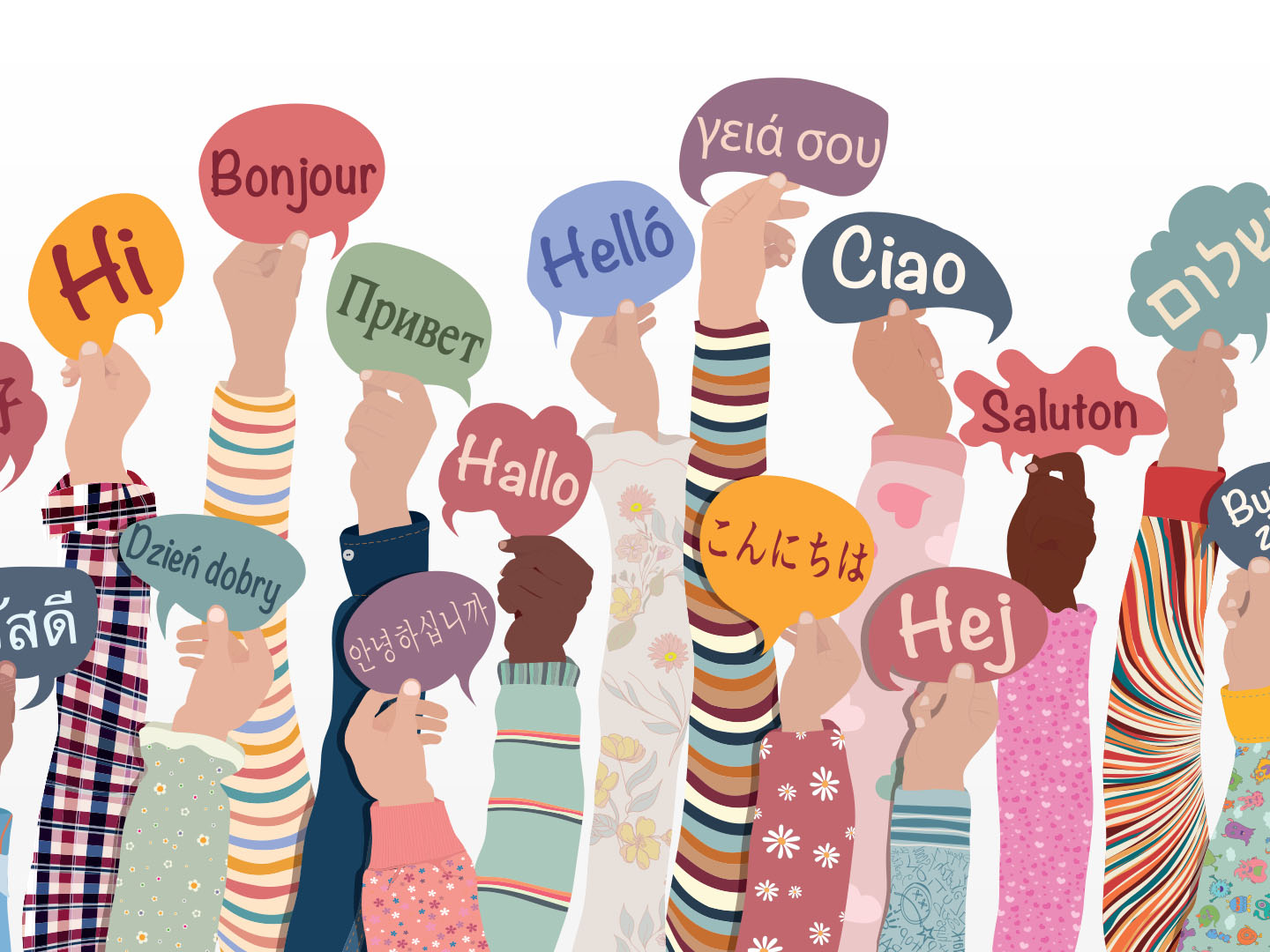Hands of various skin tones and sleeves hold up speech bubbles with greetings in different languages, including "Hi," "Bonjour," "Hello," and "Hola," showing multicultural diversity.