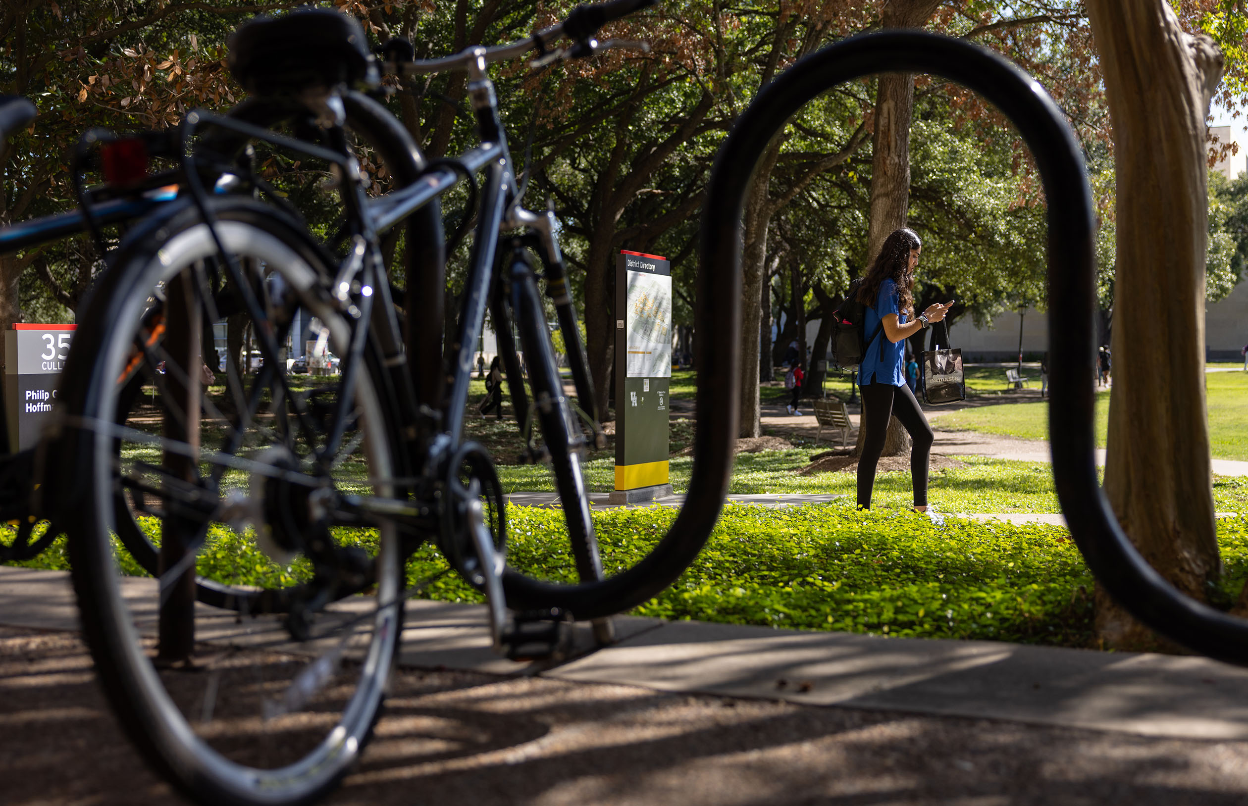 Student walks through a shaded campus path past bikes.