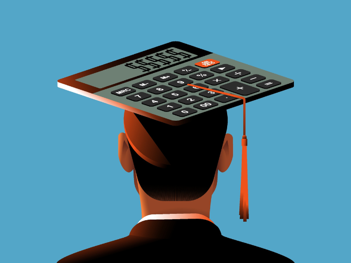 Graduate wearing a cap shaped like a calculator, symbolizing the financial cost of education.