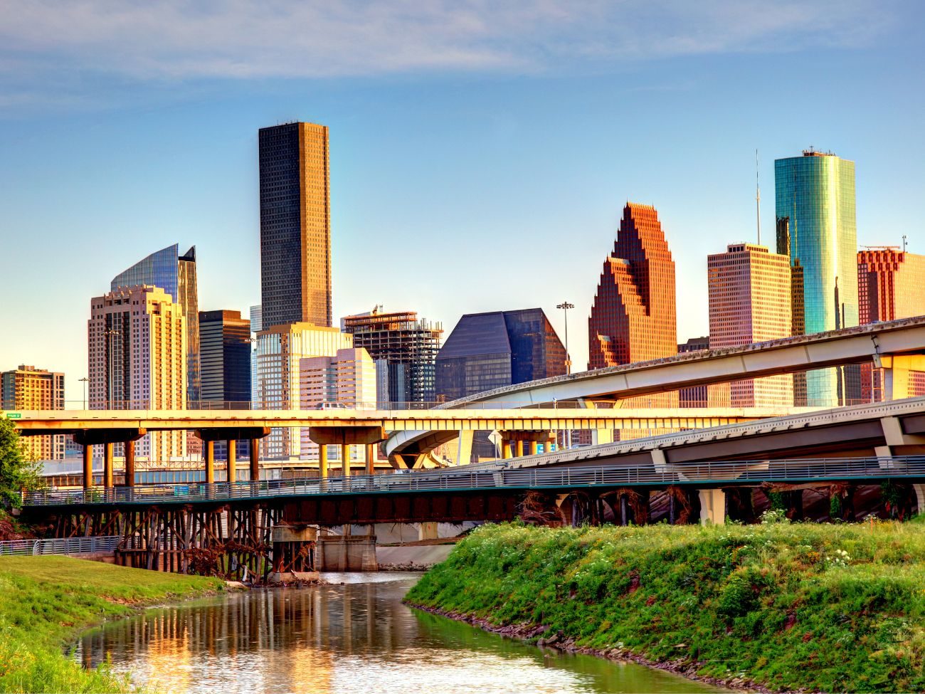 houston skyline with skyscrapers and a bayou