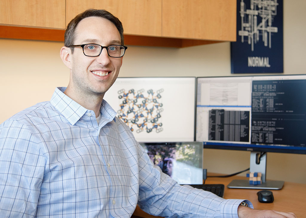 Brgoch pictured in his office where he leads cutting-edge research on advanced inorganic materials. Brgoch was recently named an associate editor for Chemistry of Materials, a leading journal published by the American Chemical Society.