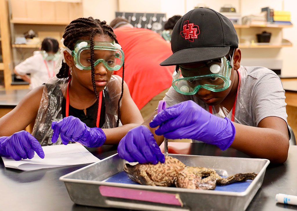 Two students wearing safety goggles and purple gloves dissect a frog in a science lab. One student uses a dissection tool while the other follows along with a worksheet.