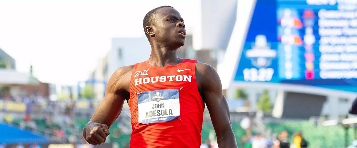 University of Houston graduate student John Adesola crosses the finish line during the 110-meter hurdles at the NCAA Outdoor Track and Field Championships in Eugene, Oregon. Adesola, who earned a bronze medal in the event, now continues training and competing unattached while pursuing his Master of Science in Statistics and Data Science at UH.