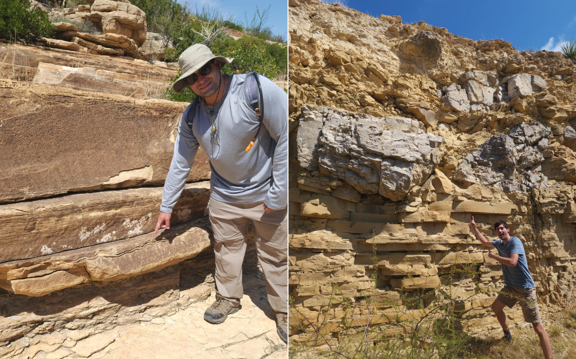 Breno Goldenberg Araujo points at an undulating microbial unit on the outcrop at Last Chance Canyon (Left), and Bradley King points at carbonate reef boulder sized rip-off clasts within siliciclastic sedimentary unit on a roadcut (Right). (Image Credits: Anuska Pudasaini)
