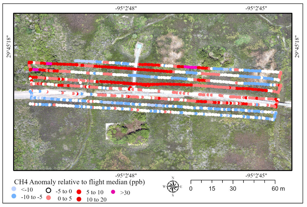 Preliminary drone measurements show fine-scale spatial variability in methane anomalies across the Baytown Nature Center study area.